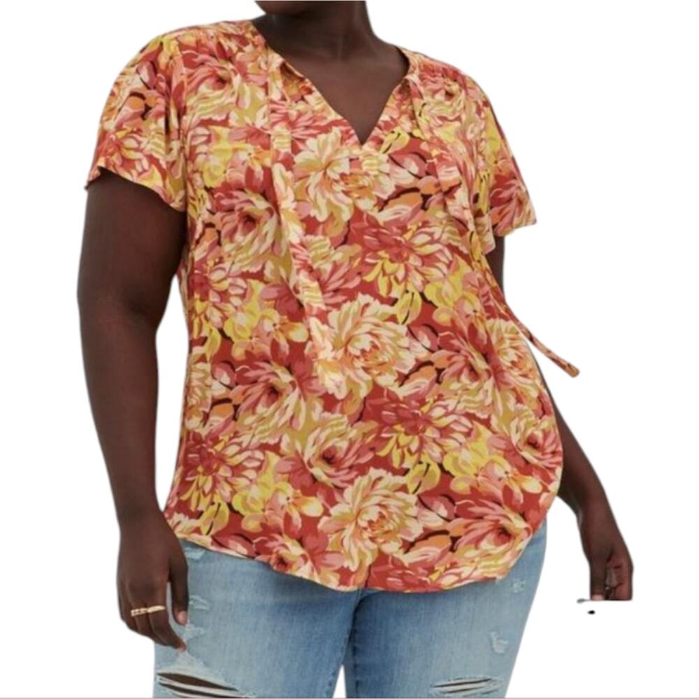 Torrid Rayon Fall Floral PrintCrepe Tie Neck Flutter Sleeve Peasant Top 2X